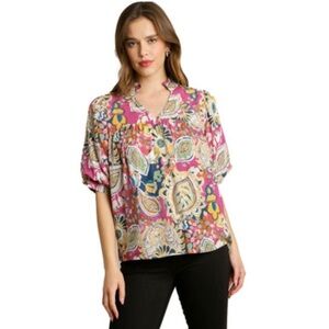 Umgee Alessia Mixed Print Puff Sleeve Blouse